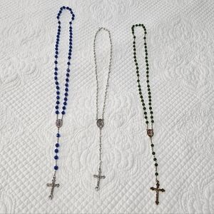 Set Of Three Rosary Necklaces In Blue, Pearl, and Green